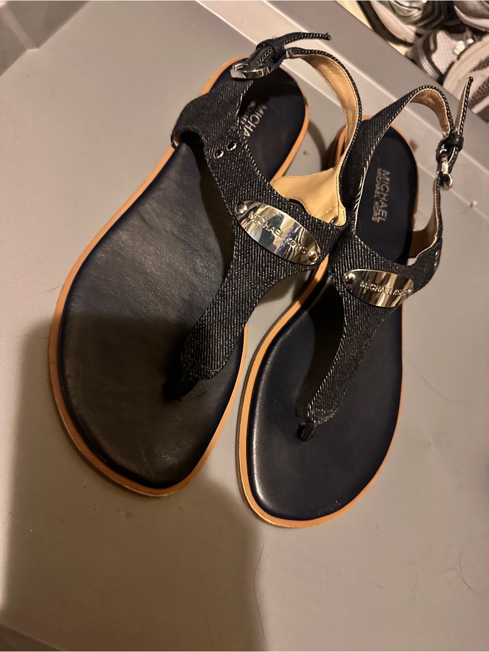Michael Kors Black T-strap Leather Sandals with Gold Logo